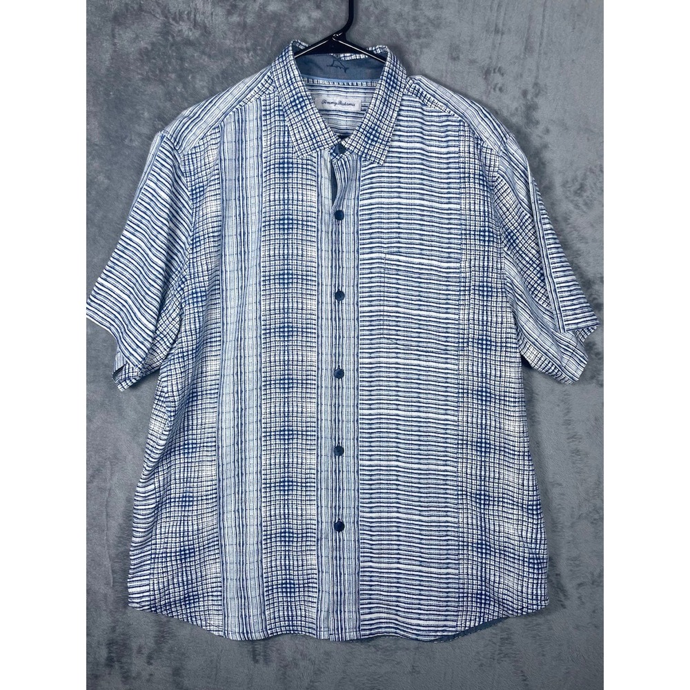 Tommy Bahama Mens 100%‎ Silk Short Sleeve Button Up Shirt Blue White Size Large